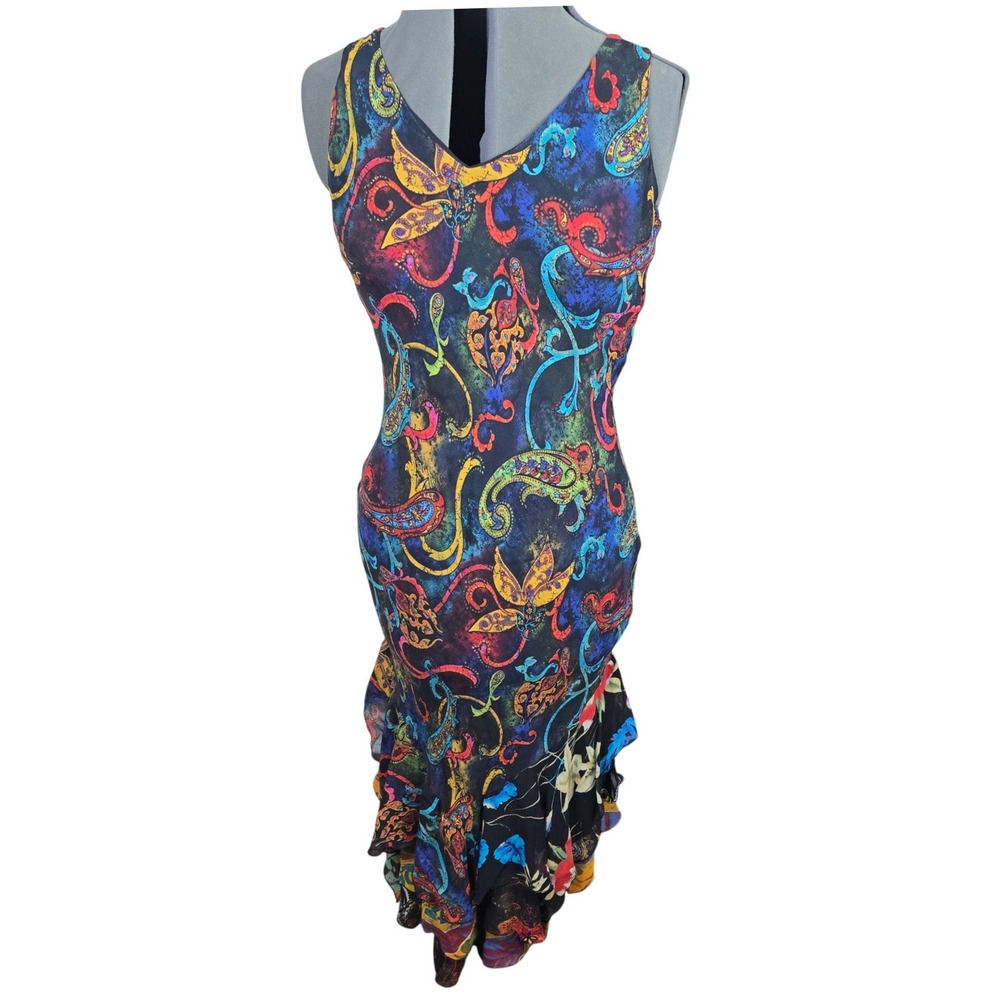 Chico's 100% Silk Paisley Maxi Dress Ruffle Hem Multi Color V-Neck Size 1 M